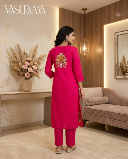 Fuchsia Blossom Embroidered Pure Cotton Kurta Set