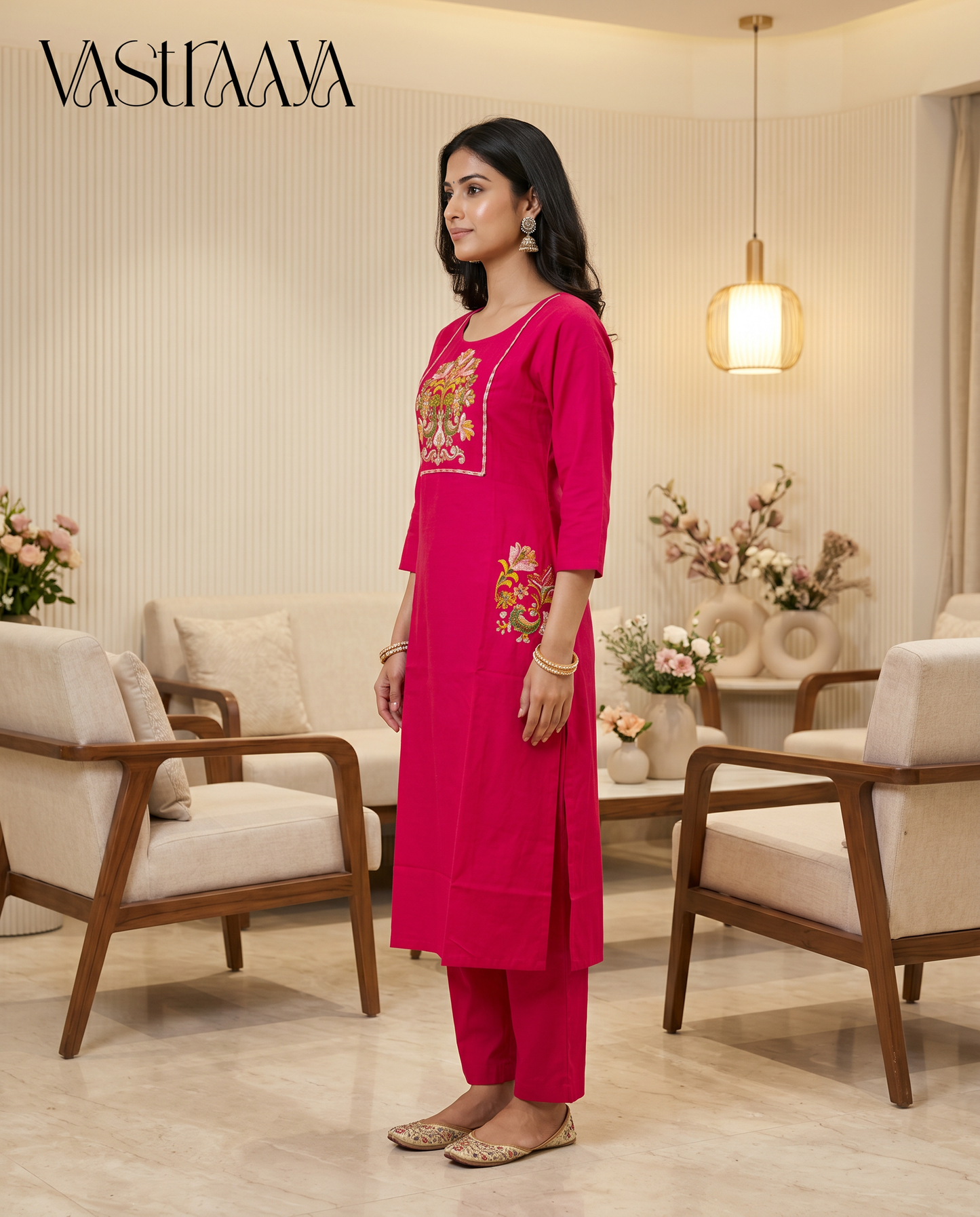 Fuchsia Blossom Embroidered Pure Cotton Kurta Set