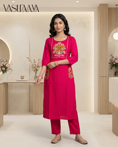 Fuchsia Blossom Embroidered Pure Cotton Kurta Set
