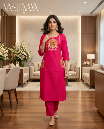 Fuchsia Blossom Embroidered Pure Cotton Kurta Set