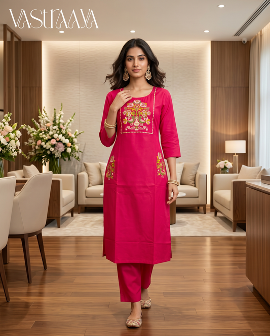 Fuchsia Blossom Embroidered Pure Cotton Kurta Set