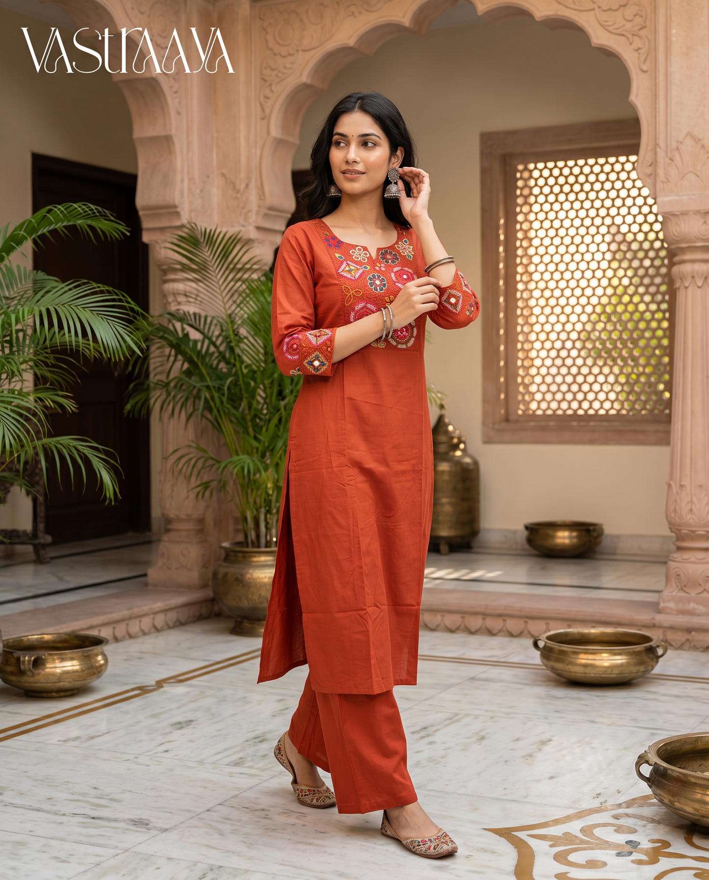Himani Embroidered Pure Cotton Kurta Set – Rust Orange