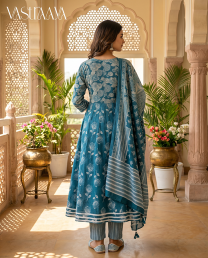 Teal Rose Jaipuri Cotton Frock Suit Set with Dupatta
