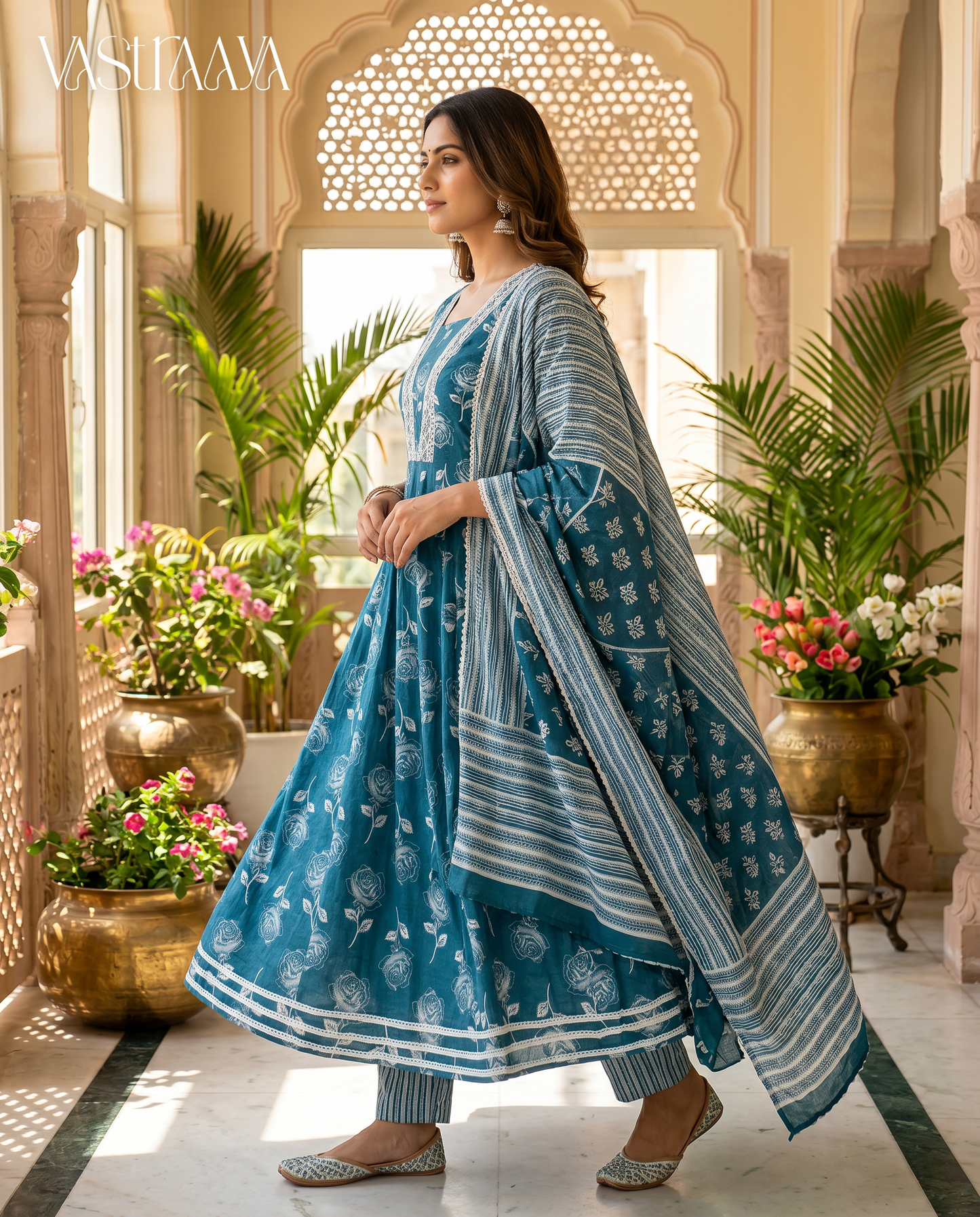 Teal Rose Jaipuri Cotton Frock Suit Set with Dupatta