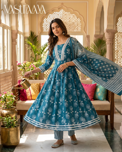 Teal Rose Jaipuri Cotton Frock Suit Set with Dupatta