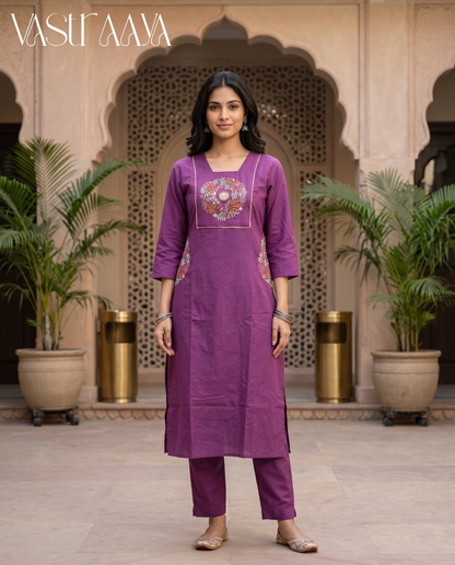 Plum Garden Embroidered Pure Cotton Kurta Set