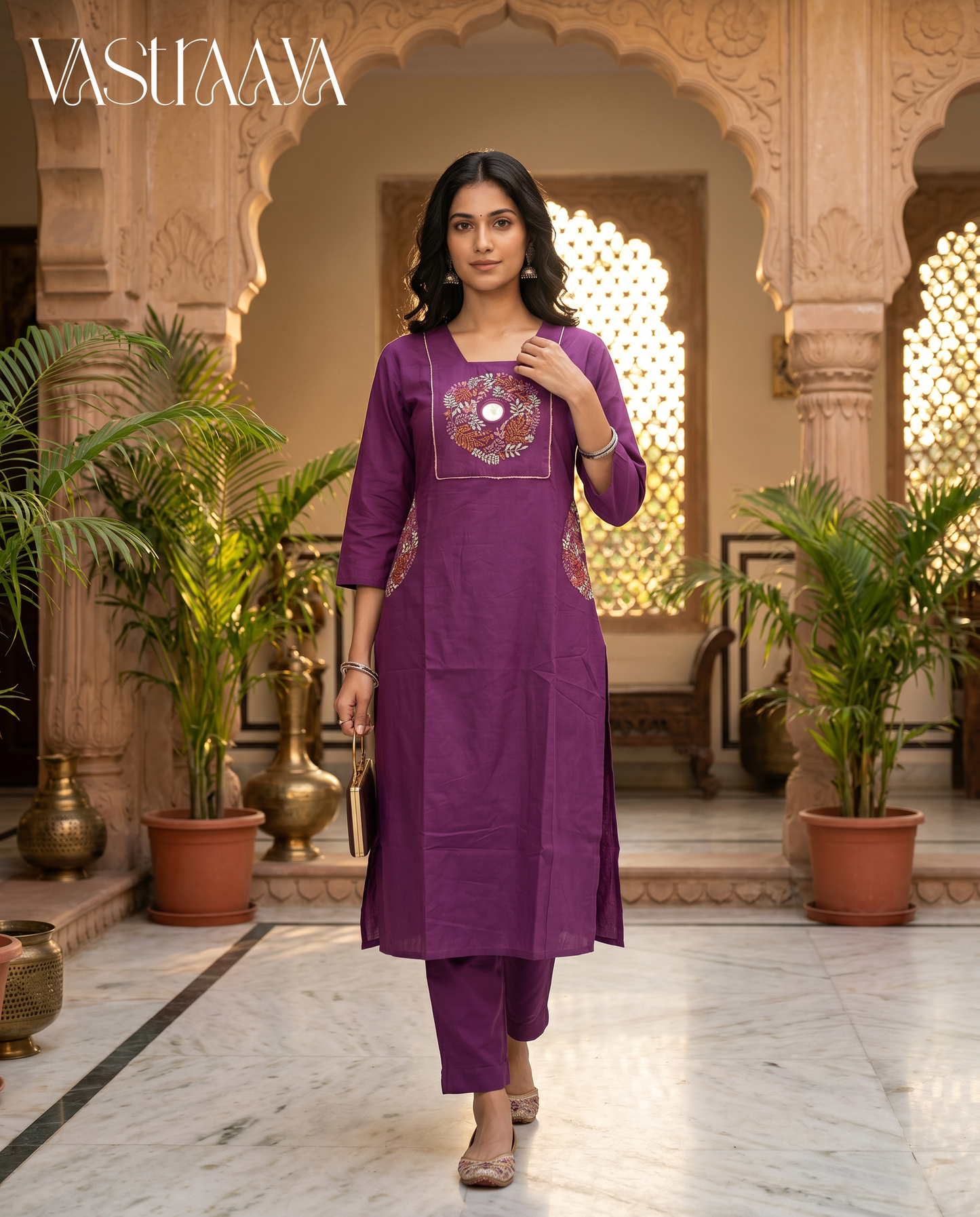 Plum Garden Embroidered Pure Cotton Kurta Set