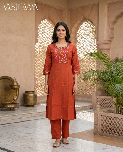 Himani Embroidered Pure Cotton Kurta Set – Rust Orange