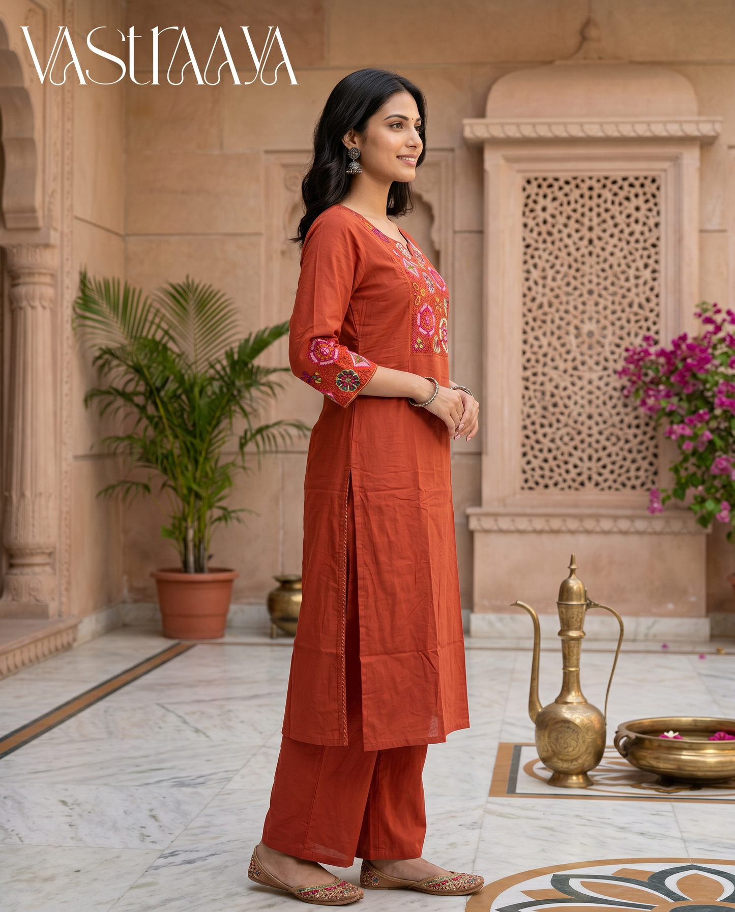Himani Embroidered Pure Cotton Kurta Set – Rust Orange