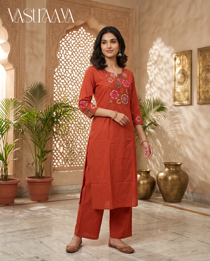 Himani Embroidered Pure Cotton Kurta Set – Rust Orange