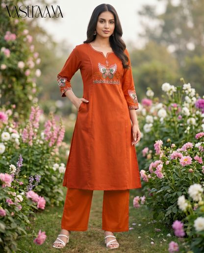 Rust Orange Pure Cotton Ethnic Co-Ord Set