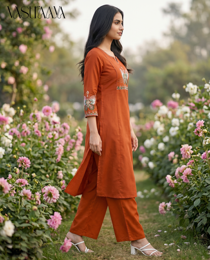 Rust Orange Pure Cotton Ethnic Co-Ord Set