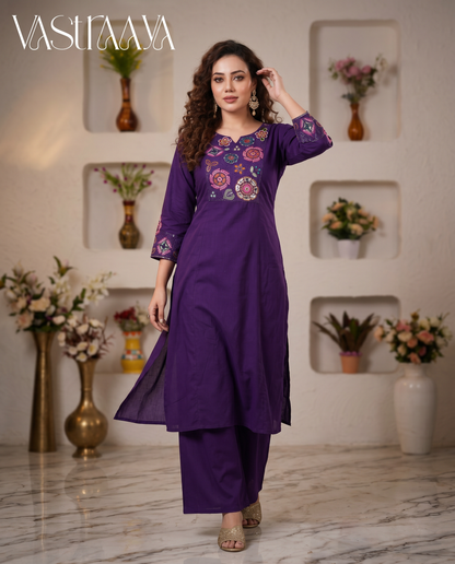Royal Purple Embroidered Pure Cotton Co-Ord Set