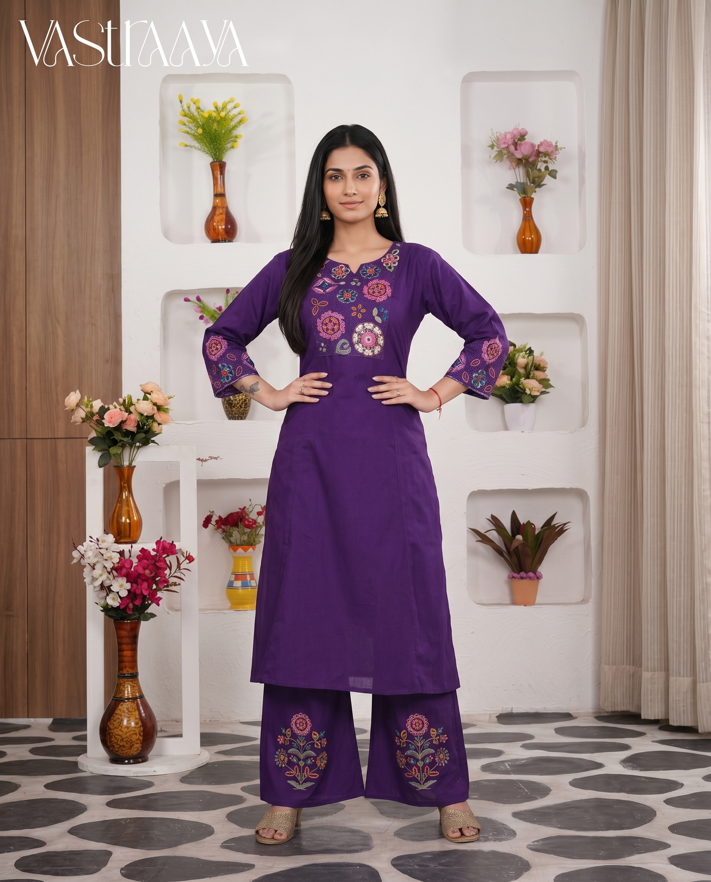 Royal Purple Embroidered Pure Cotton Co-Ord Set