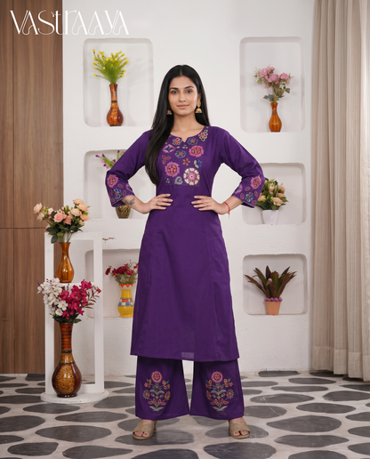 Royal Purple Embroidered Pure Cotton Co-Ord Set