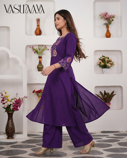 Royal Purple Embroidered Pure Cotton Co-Ord Set