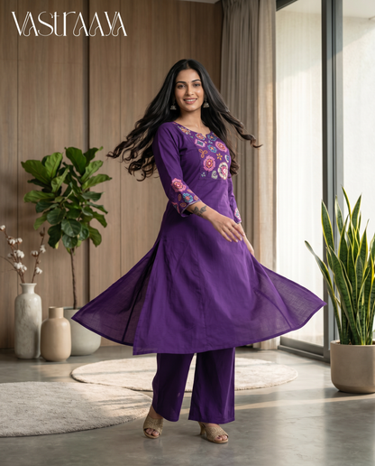 Royal Purple Embroidered Pure Cotton Co-Ord Set