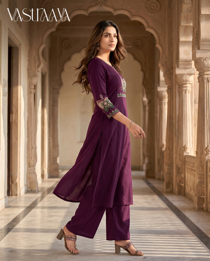Wine Purple Pure Cotton Ethnic Co-Ord Set