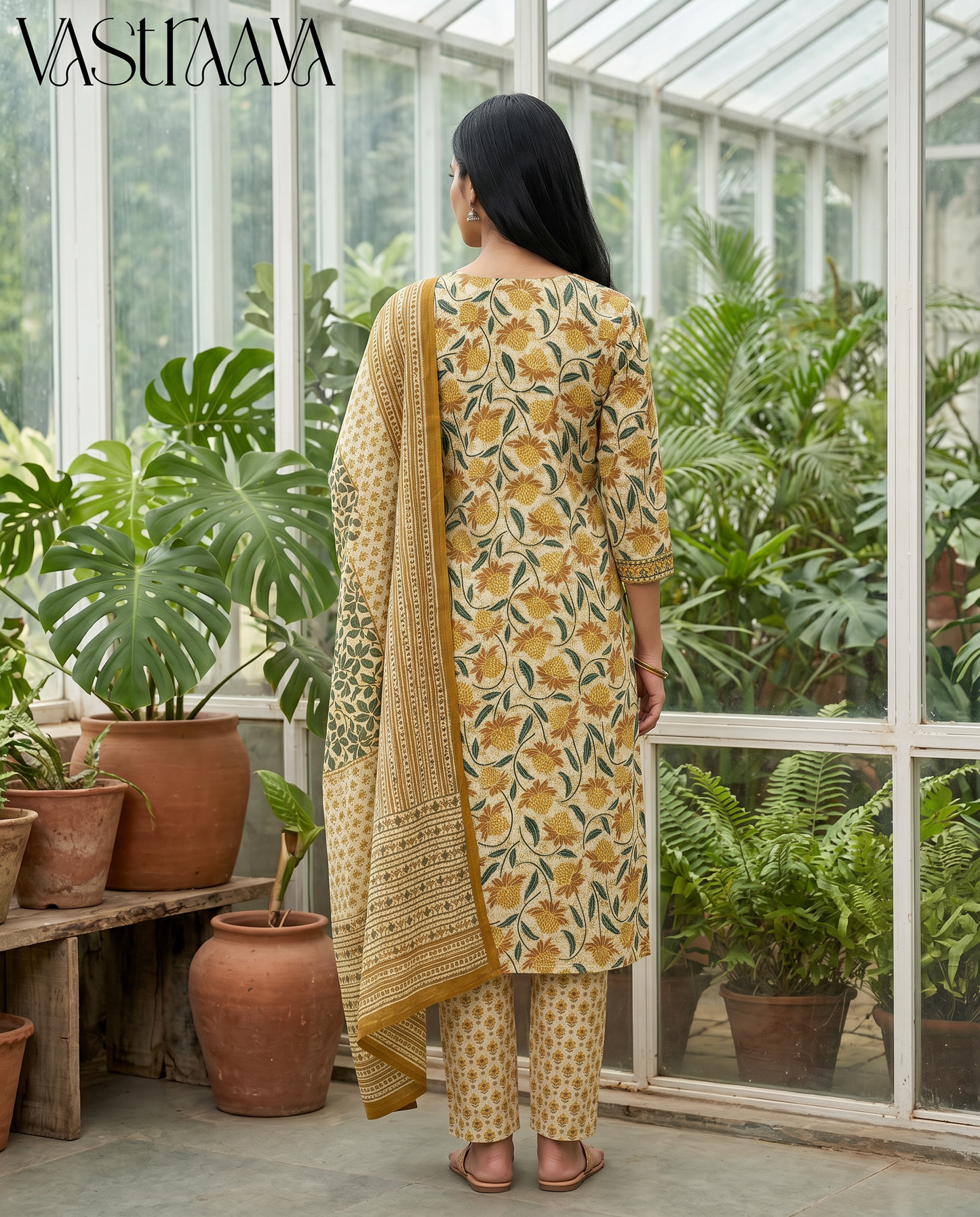 Mustard Bloom Pure Jaipuri Cotton Suit Set with Neck Work