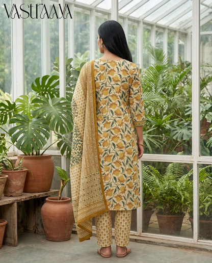 Mustard Bloom Pure Jaipuri Cotton Suit Set with Neck Work