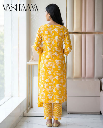 Sunshine Bloom Jaipuri Rayon Cotton Suit Set with Neck Work