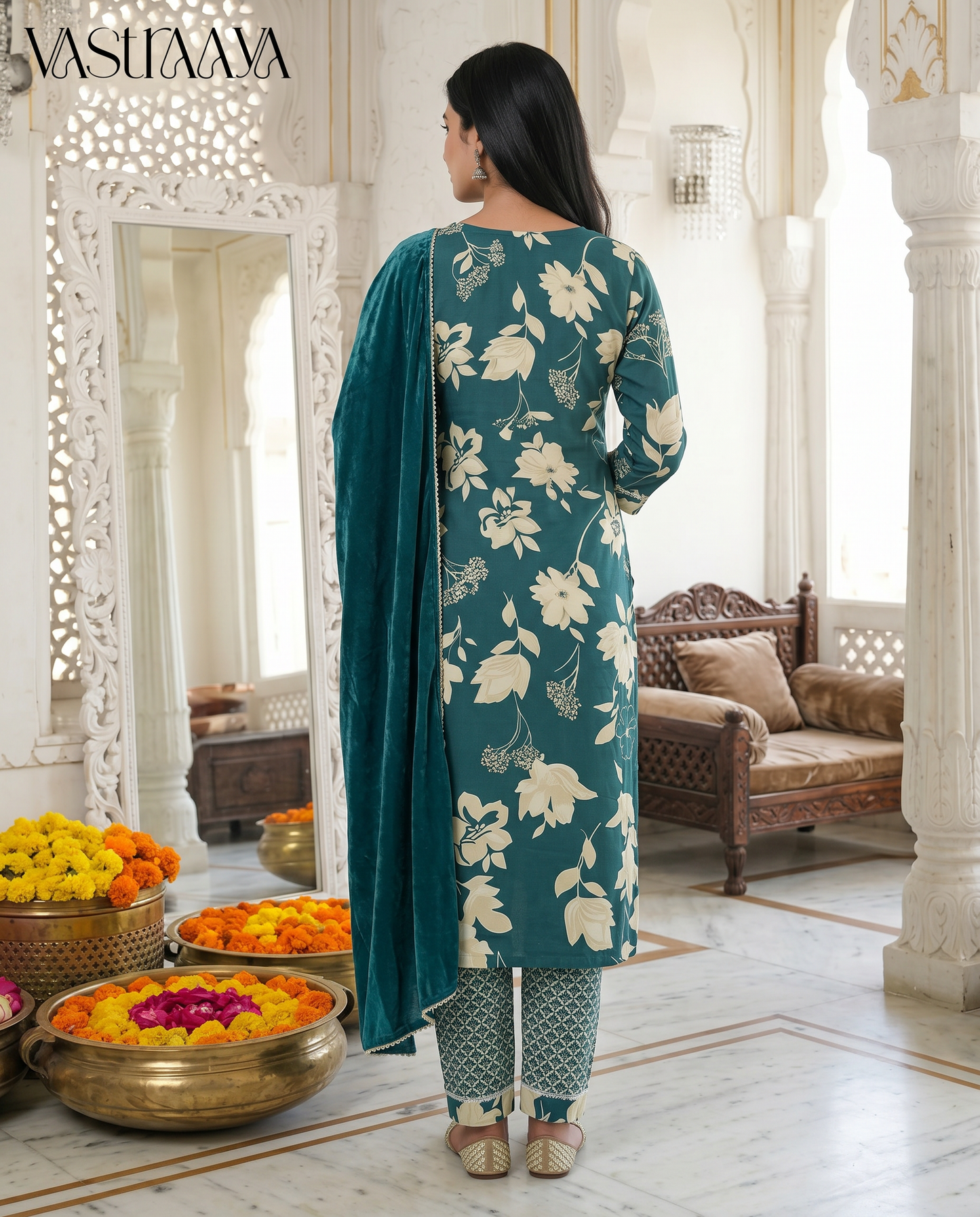 Teal Blossom Jaipuri Rayon Cotton Suit Set with Neck Work
