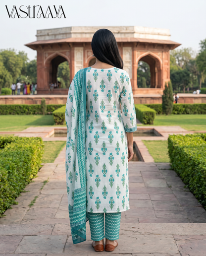Aqua Bloom Jaipuri Cotton Suit Set