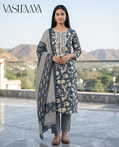Grey Floral Pure Jaipuri Cotton Suit Set with Neck Work