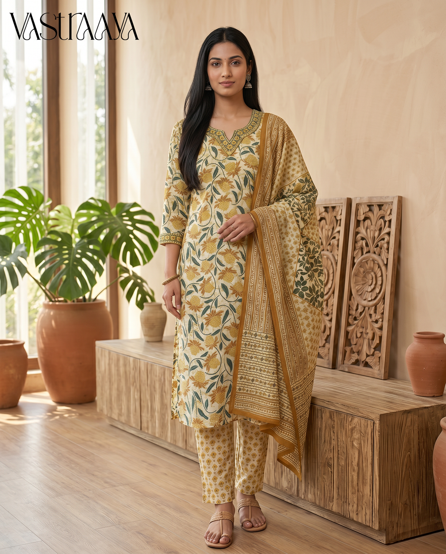 Mustard Bloom Pure Jaipuri Cotton Suit Set with Neck Work