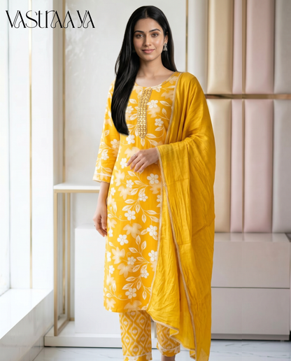 Sunshine Bloom Jaipuri Rayon Cotton Suit Set with Neck Work