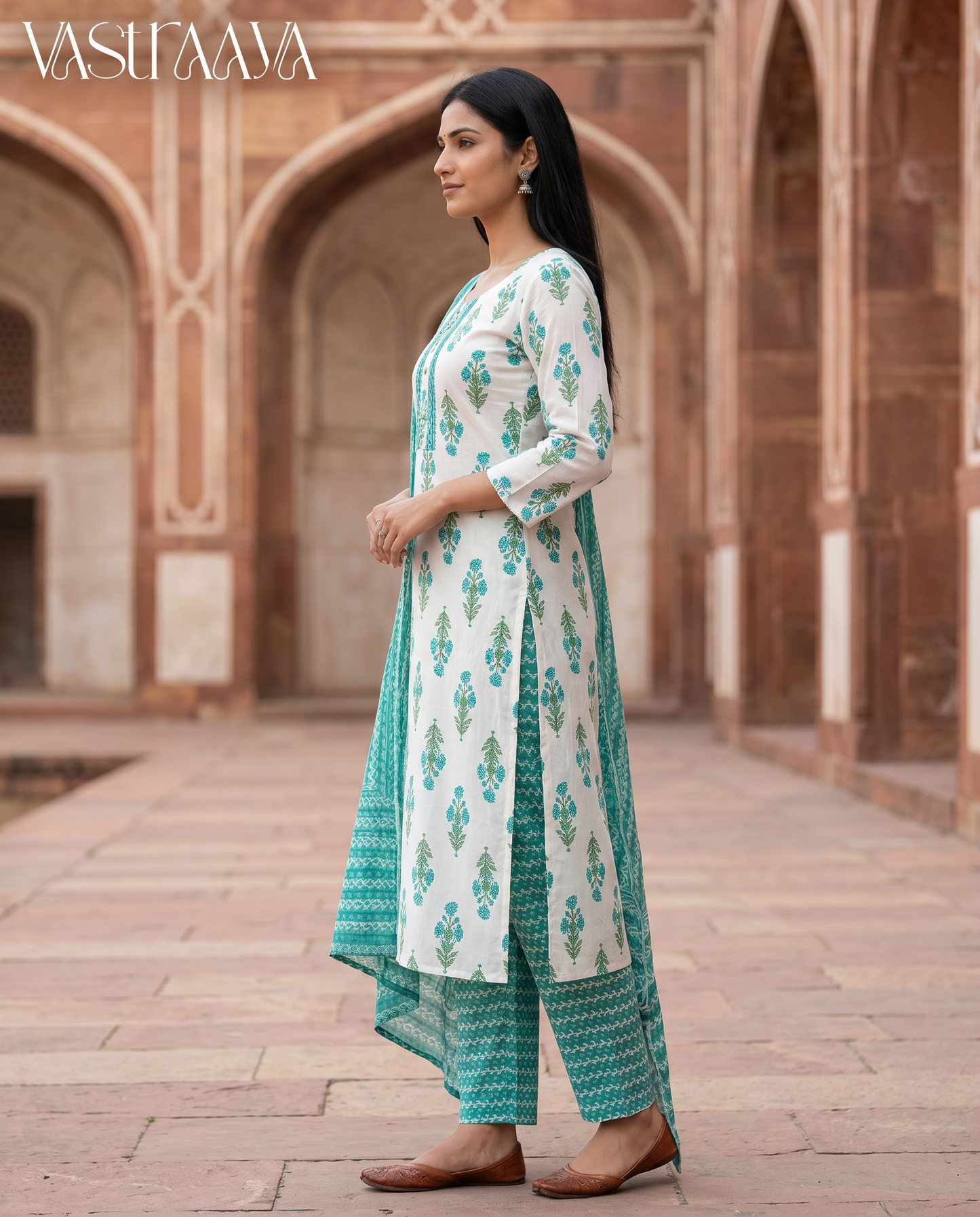 Aqua Bloom Jaipuri Cotton Suit Set