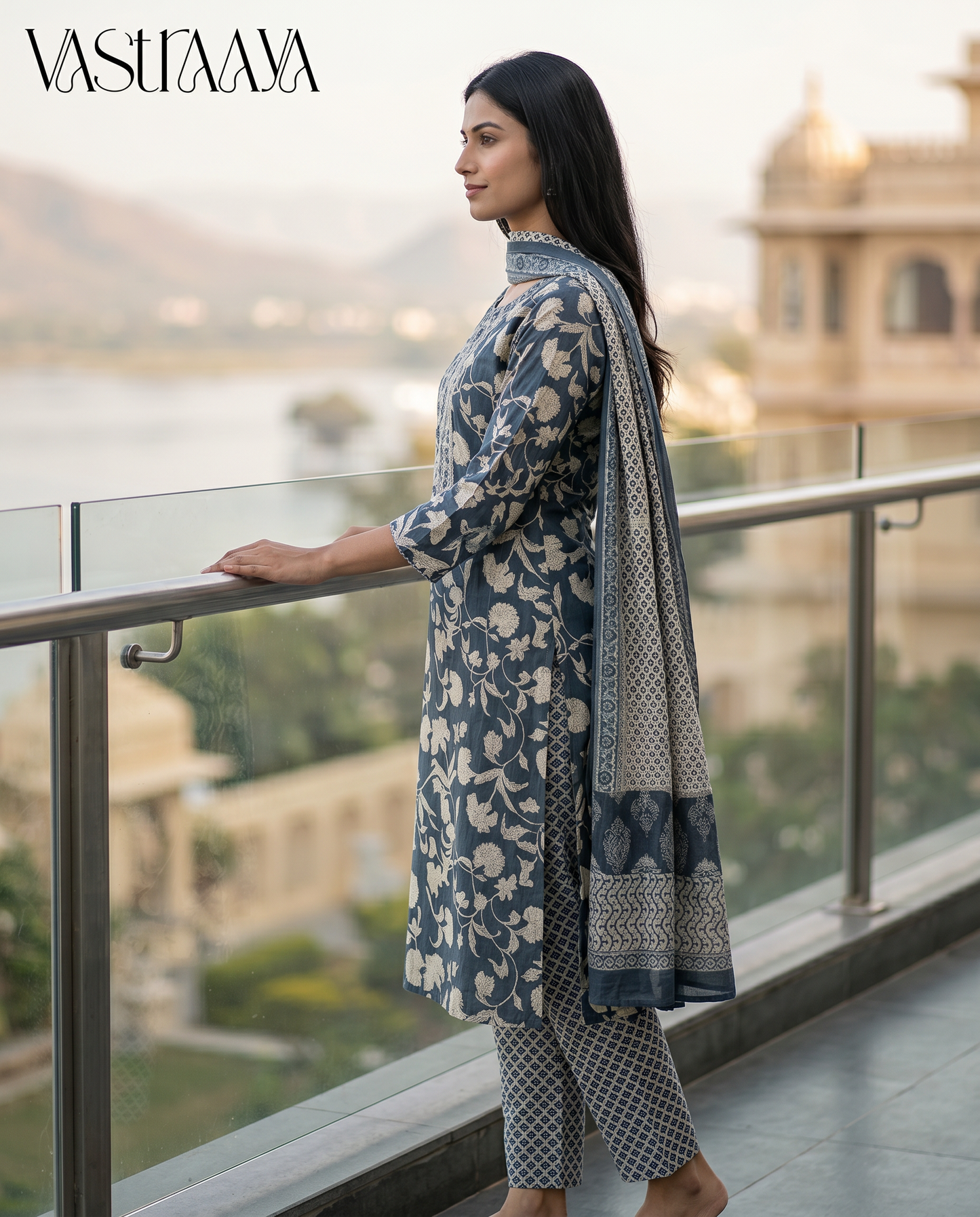 Grey Floral Pure Jaipuri Cotton Suit Set with Neck Work
