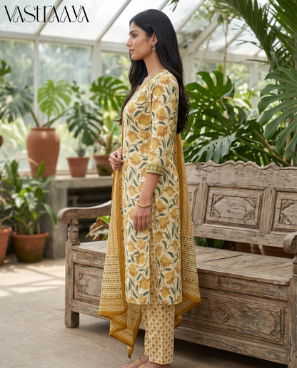 Mustard Bloom Pure Jaipuri Cotton Suit Set with Neck Work