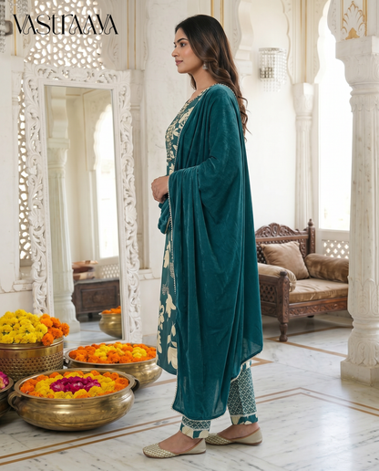 Teal Blossom Jaipuri Rayon Cotton Suit Set with Neck Work