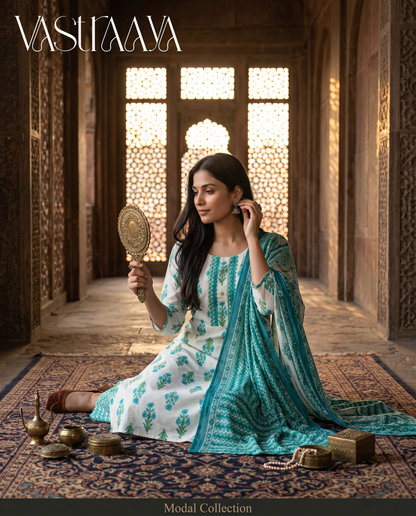 Aqua Bloom Jaipuri Cotton Suit Set