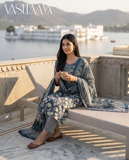 Grey Floral Pure Jaipuri Cotton Suit Set with Neck Work