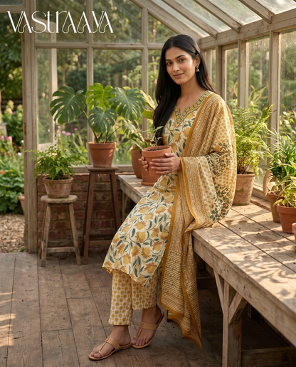 Mustard Bloom Pure Jaipuri Cotton Suit Set with Neck Work