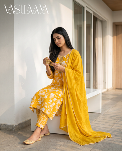 Sunshine Bloom Jaipuri Rayon Cotton Suit Set with Neck Work