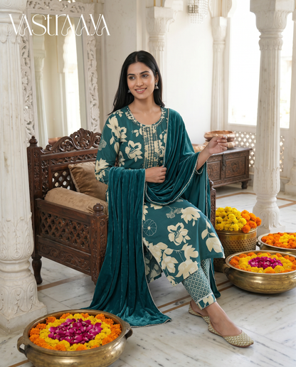Teal Blossom Jaipuri Rayon Cotton Suit Set with Neck Work