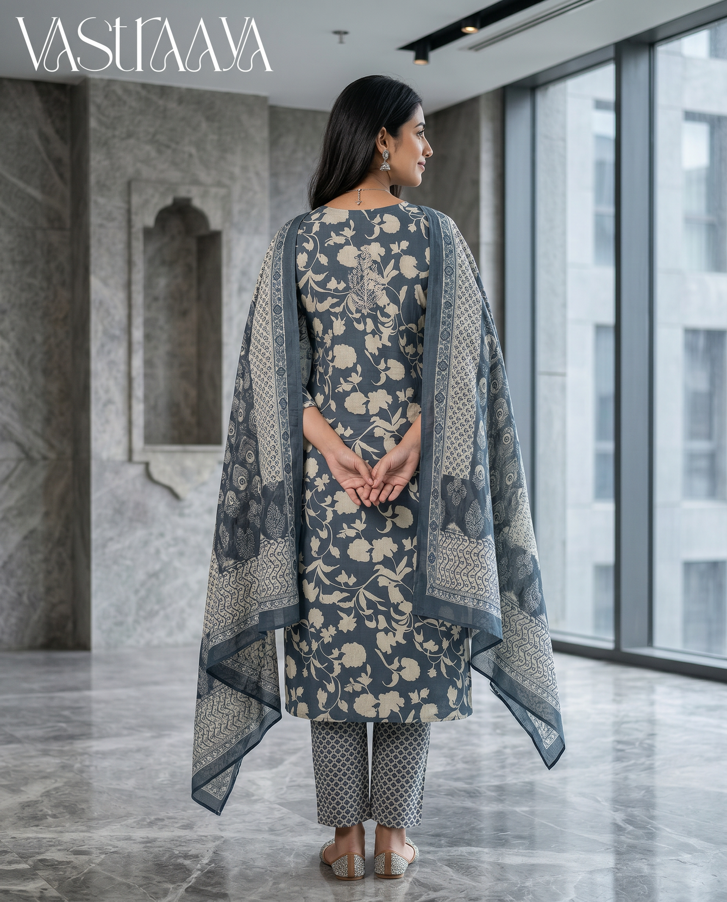 Grey Floral Pure Jaipuri Cotton Suit Set with Neck Work