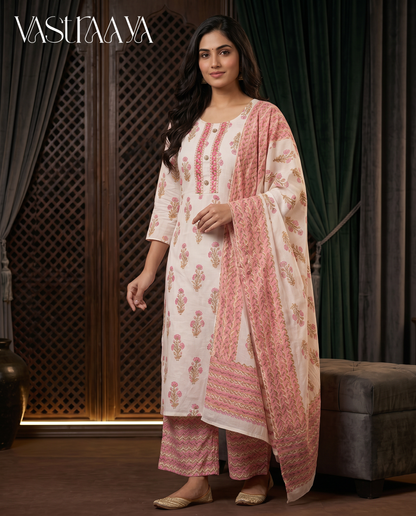 Blush Bloom Jaipuri Cotton Suit Set